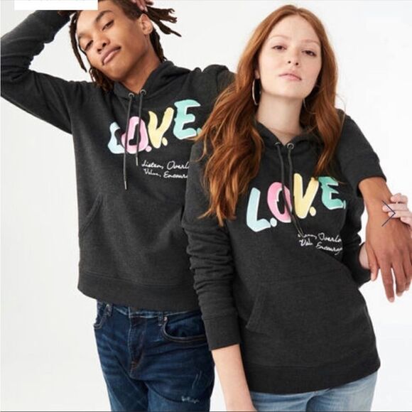 Aeropostale Aero One Love Pullover Hoodie Gray Multi Medium Unisex - Picture 2 of 13